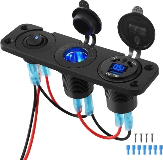 Pannello di connessione USB 18 W QC 3.0 USB e 45 W PD Sigarettenaansteker Pannello con LED Digitale Voltmetro Interruttore ON/OFF per 12V/24V Veicoli Barca Caravan