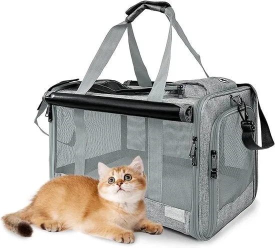 Cassa di trasporto pieghevole per gatti e piccoli cani fino a 9 kg con schermo di privacy e rete respiroso grigio scuro