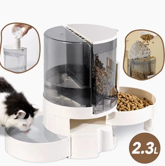 Doppio Ciotola e Fonte per Cani e Gatti – Dispensatore di Cibo Automatico con Serbatoio d'Acqua – Ciotola per Animali con Contenitore Trasparente e Indicatore di Livello – Rifornimento Continuo di Cibo e Acqua