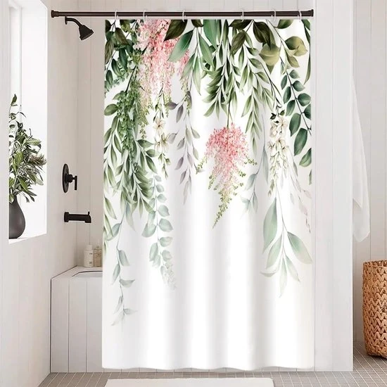 Douchegordijn con Foglie Verdi e Fiorellini Rosa - Impermeabile - 1 pezzo - Saliegroen - Poliestere - 120 x 200