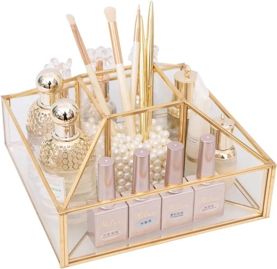 Organizzatore di trucco 360° rotativo - Deposito di cosmetici - Oro - Vetro