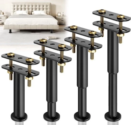 Supporti di Regolazione per Letti / Braccio di Sostegno (4 pezzi) – Supporti di Sostegno in Acciaio 18–32 cm – Carico Massimo 450 kg – Nero