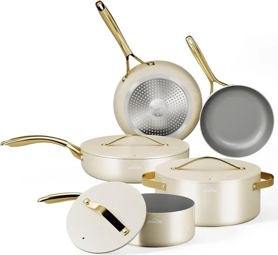 Set di pentole in acciaio inox - 8 pezzi con coperchi in vetro | Adatto per induzione | Bianco