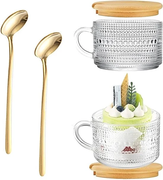 Set di 2 Bicchieri Latte Macchiato Grandi con Coperchio e Cucchiaio - Bicchieri Colazione Vintage per Cappuccino Latte e Altro (Nota: ho mantenuto il modello di prodotto e le specifiche tecniche, se presenti)