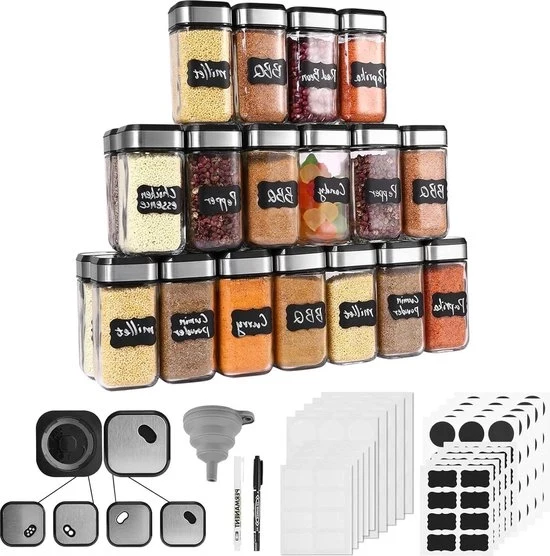 Set di contenitori per spezie quadrati con dispositivo di dispersione - 24 pezzi - acciaio inossidabile - coperchio a vite - conservazione spezie in cucina - 120 ml Contenitori per spezie quadrati