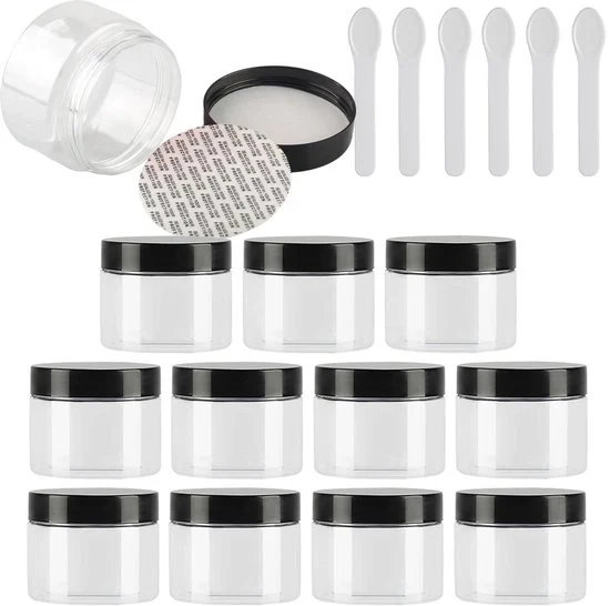 Pentole Plastica Leggera per Cosmetici - 12 Pezzi - Coperchio Nero - 150ml