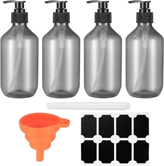 4x Flaconi di Sapone 300 ml Dispensatore di Sapone con Pompa e Etichetta con Penna e Cucchiaio