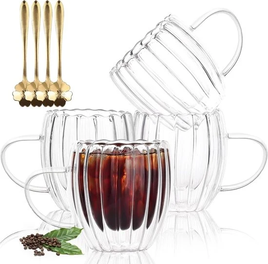 Set di 4 Tazze a Doppia Parete in Vetro con Maniglia 250ml - Set di 4 Tazze a Strisce Verticali - Tazze Isolate in Vetro Chiara a Righe - Cucchiaio Incluso