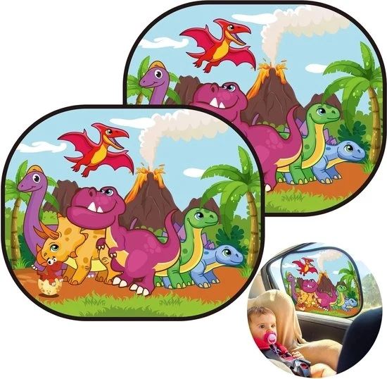 Zonnetenda per auto per bambini - Disegno dinosauro - Protezione UV e pieghevole con ganci - Zonnetenda per vetri laterali per auto per bambini