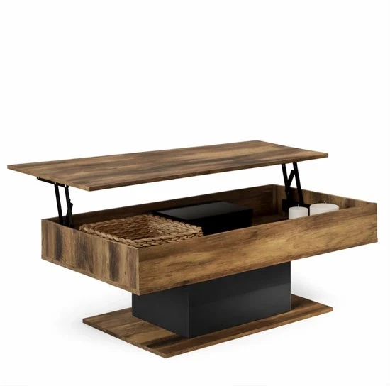 Tavolo da soggiorno con tavolo pieghevole 110 cm – Legno scuro effetto antico con nero – Tavolo da soggiorno pieghevole con spazio di ripostiglio – Tavolo da soggiorno industriale 2 in 1