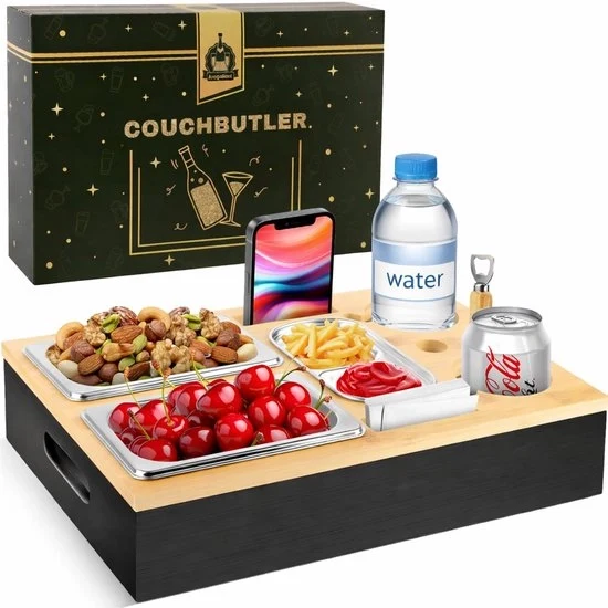 Tavolino per divano / Bar per divano – Contenitore multifunzionale per snack e drink – Con coperchio a sorsa, contenitore per bottiglie e coperchio rimovibile – Nero