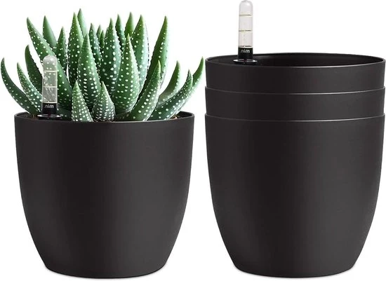Set di vasi per piante autosufficienti con indicatore di umidità, 15 cm, nero, confezione da 4 pezzi, vasi per piante per interni ed esterni