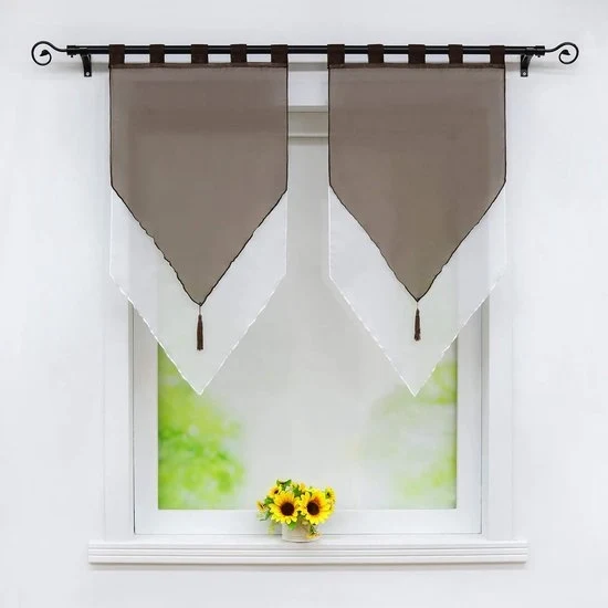 Doppie Tende di Vetro con Frange e Piume - 2 pezzi - Caffè/Bianco - Poliestere - 45 x 90 cm