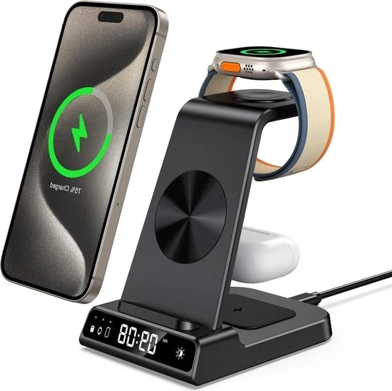 Oplader iPhone 3 in 1 - Oplaadstation con Orologio - Oplader per Apple Watch - Compatibile con Apple Watch Ultra - Air Pods - Aggiunta di Contenuto HTML Oplaadstation
