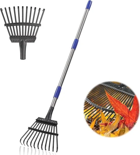 Hark per giardino 11 denti metallici, manico regolabile in acciaio, ideale per prato e giardino