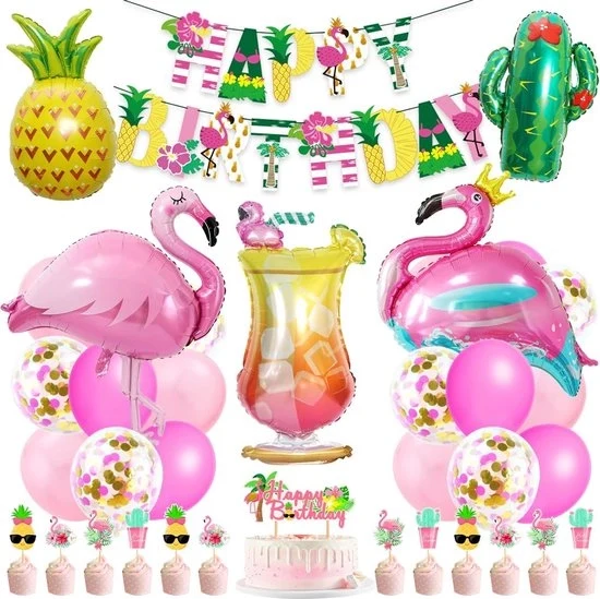 Decorazione di Festa per l'Isola delle Hawaii - Palloni Tropicali con Flamingo e Ananas - Festa d'Estate, Compleanno e Festa in Piscina