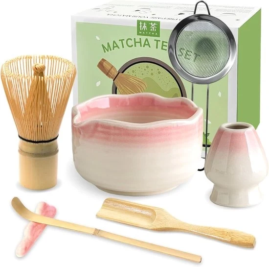 Set di 7 pezzi per Matcha con Ciotola in Ceramica e Vaschetta per Matcha – Accessori per la Preparazione del Matcha per Appassionati – Gradient Rosa