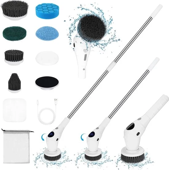 Scrubber elettrico - 3 lunghezze regolabili - Ricaricabile - Diversi accessori di montaggio
