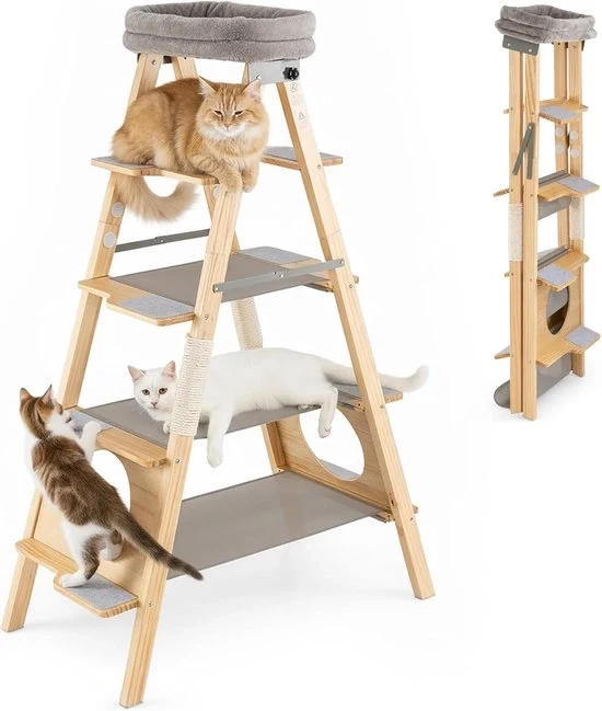 Scala per gatti a 5 livelli con albero di gatto in legno massiccio, rampe di arrampicata in sisal e zona di riposo morbida, torre da arrampicata pieghevole per gatti grandi e piccoli