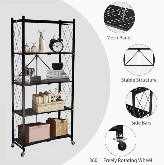 Organizzatore da Cucina Opportuno con 5 Livelli – Carrello con Ruote – Carrello da Cucina o Magazzino con Ruote Ripiegabili