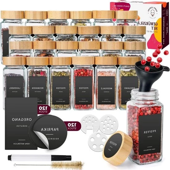 Set di contenitori per erbe quadrati con coperchio in bambù - 303 etichette tedesche - 120 ml - Contenitori per erbe con sistema di distribuzione - Set di 24 contenitori per erbe quadrati - Organizzatore per la conservazione delle erbe