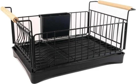 Afdruiprek per servizio in Acciaio inossidabile Nero - 50 x 29 x 23,5 cm - Con cassetta di raccolta e maniglie in legno afdruiprek con cassetta di raccolta ripiegabile
