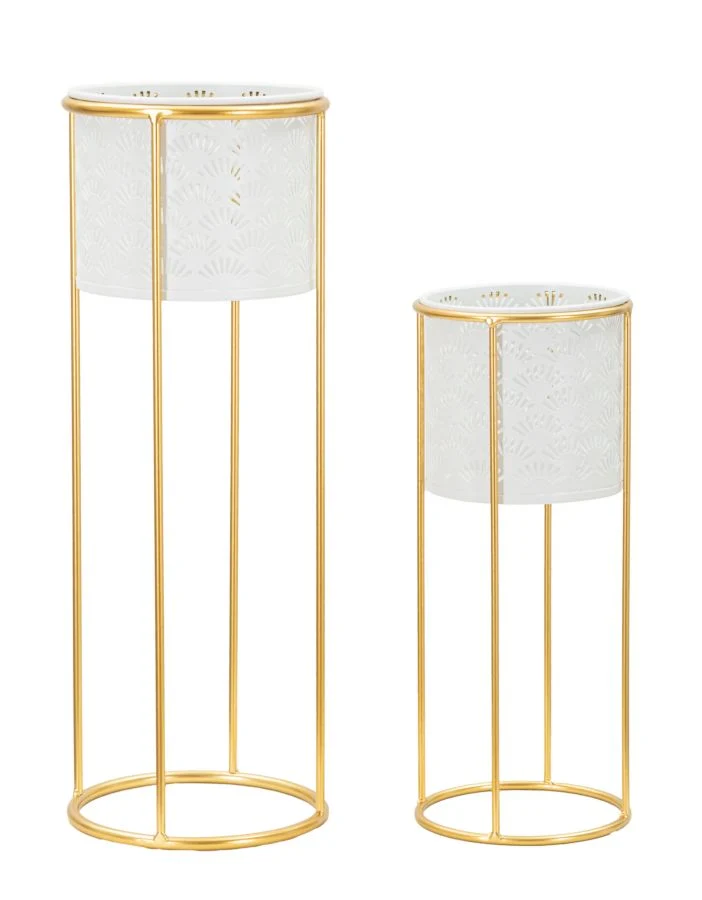 Porta Vasi Whity Coppia Ø17x46 cm - Ø14x34 cm in Ferro Oro e Bianco
