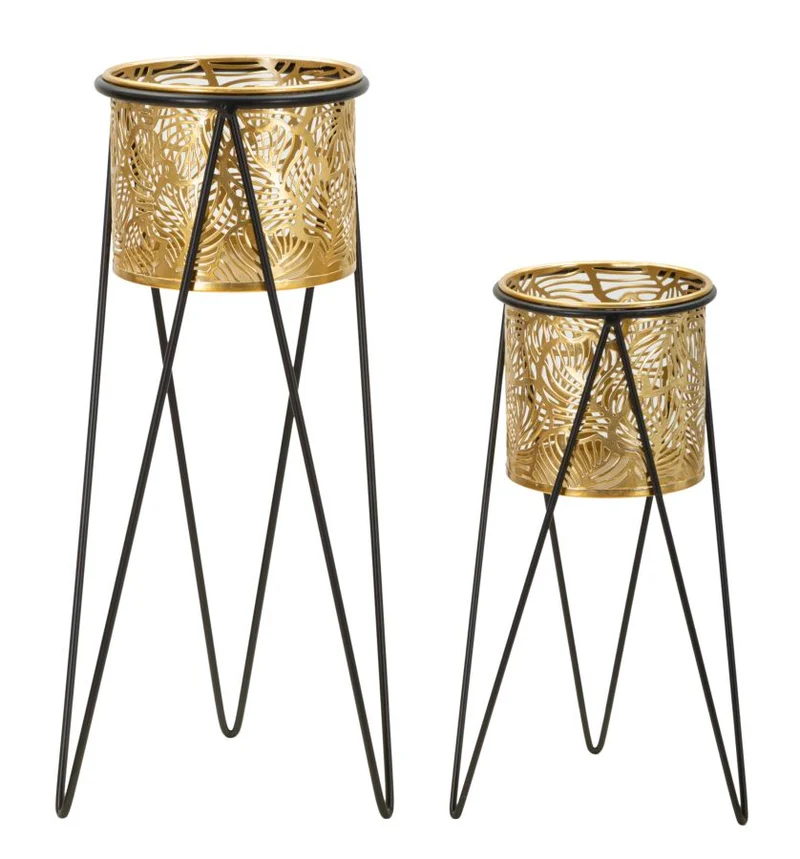 Porta Vasi Drak Coppia 21x20x46 cm - 18x18x32 cm in Ferro Nero e Oro