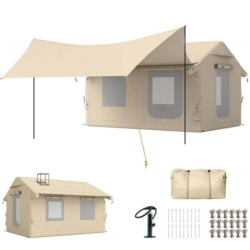 Tenda da Campeggio Gonfiabile con Pompa 320x230x205 cm Impermeabile 3000mm e Antivento Cachi