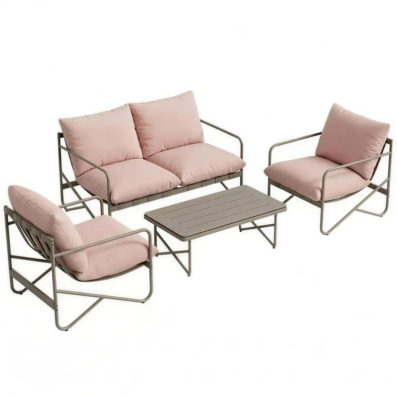 Set da Giardino 4 Persone Divano 2 Poltrone Tavolo in Metallo e Cuscini in Cotone PP Rosa