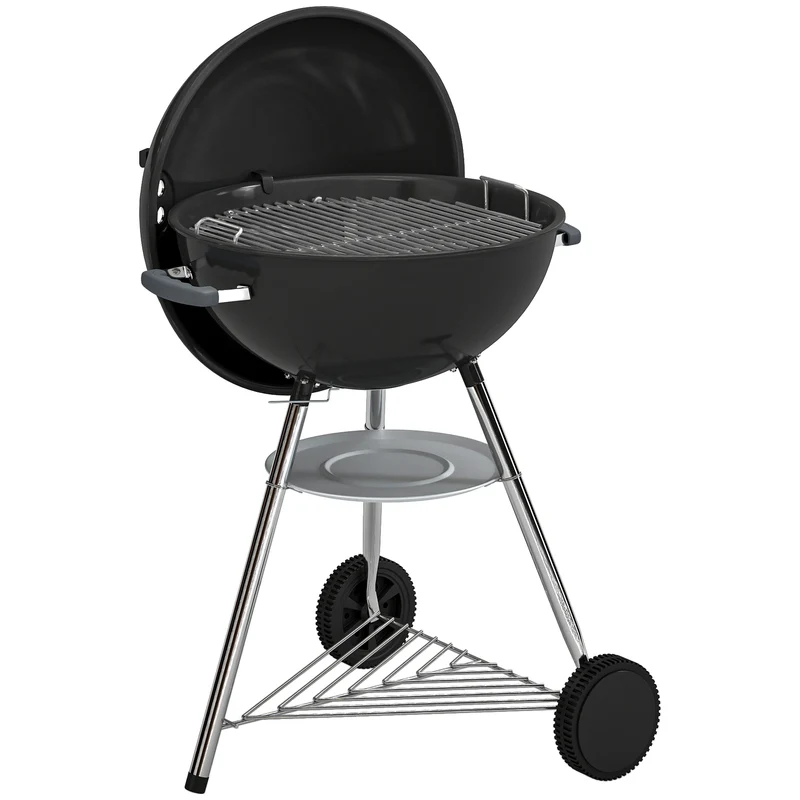 Barbecue a Carbone con griglia esterna rotonda, coperchio, termometro e ruote, Nero