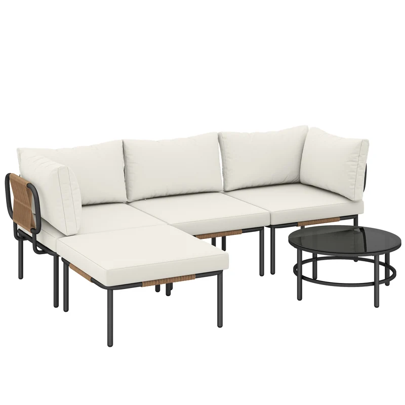 Set 5 Pezzi da Giardino Modulabile con Divano a L Tavolino e Cuscini in Rattan Cachi