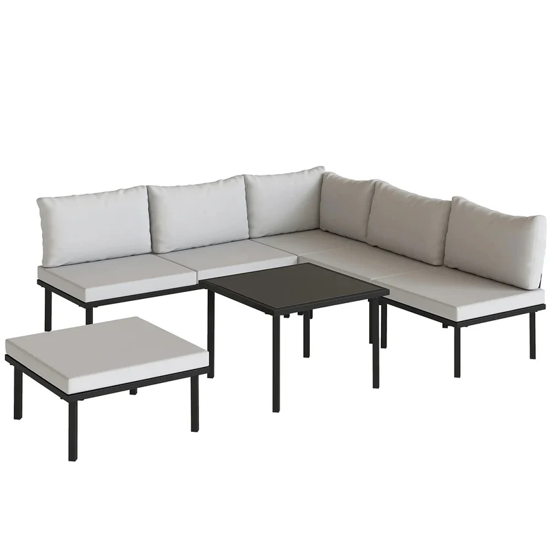 Set 6 Pezzi Mobili da Giardino Divano Angolare Poltrone con Cuscini e Tavolino in Metallo Grigio Chiaro