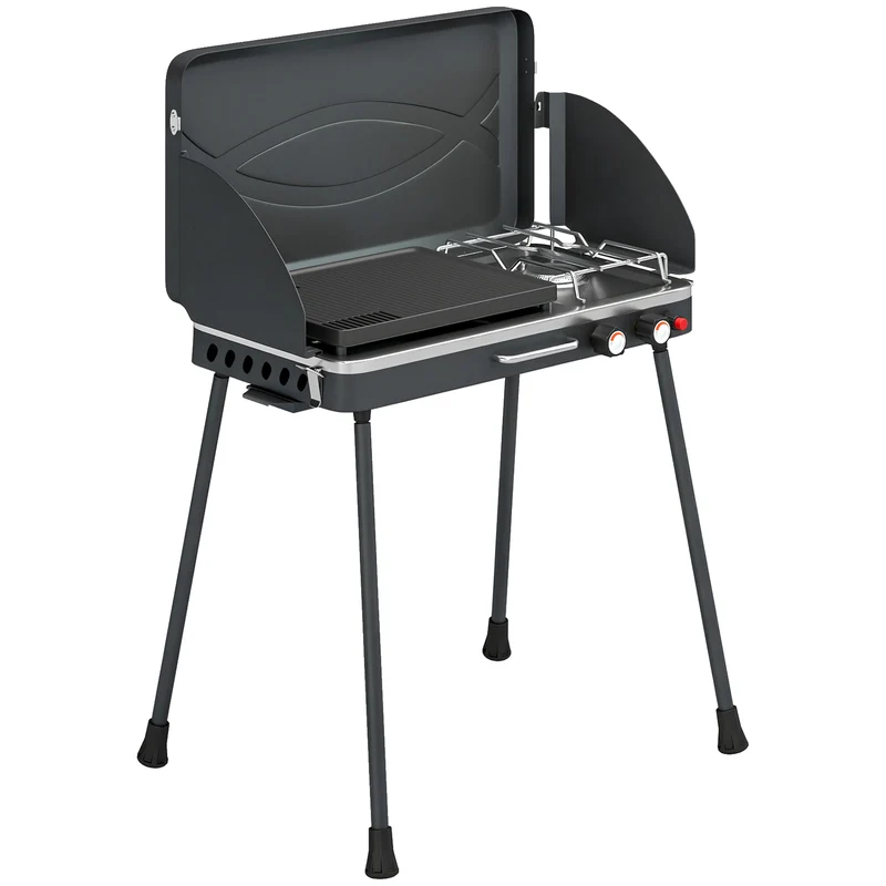 Barbecue a Gas Propano Portatile 61x47x88 cm con Griglia e Fornello 7KW in Alluminio e Metallo Nero