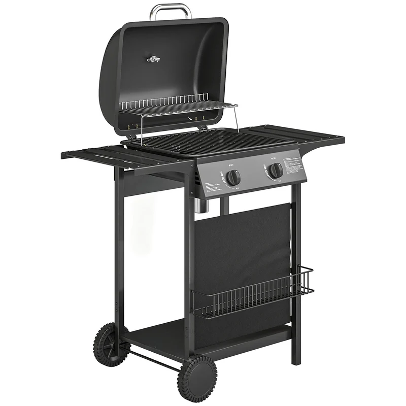 Barbecue a Gas 99x56x95 cm 2 Bruciatori Tavolini Laterali Vassoio Raccogli Grassi in Metallo e Acciaio Nero