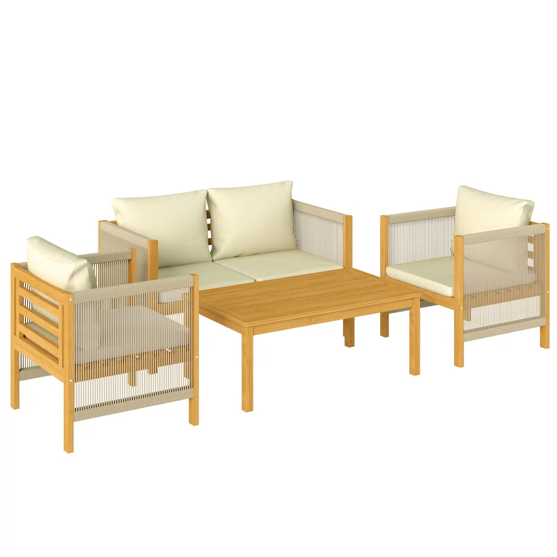 Set 4 Pezzi Salotto da Giardino con Divano 2 Poltrone con Cuscini e Tavolino in Legno di Acacia