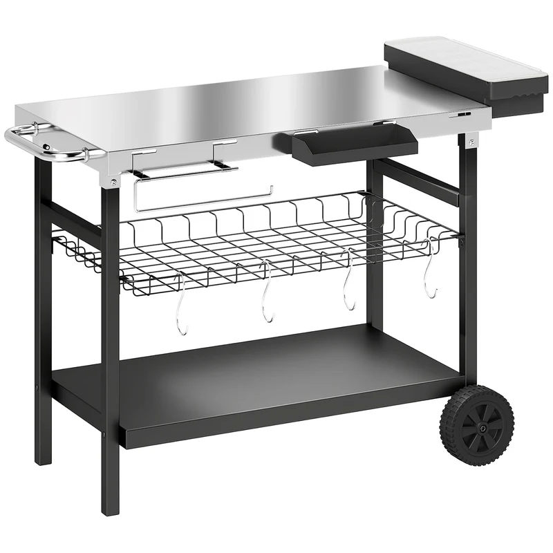 Carrello Barbecue da Esterno 114x61x81 cm con Piano in Acciaio Inossidabile Porta Spezie Ganci e Maniglia Laterale Nero