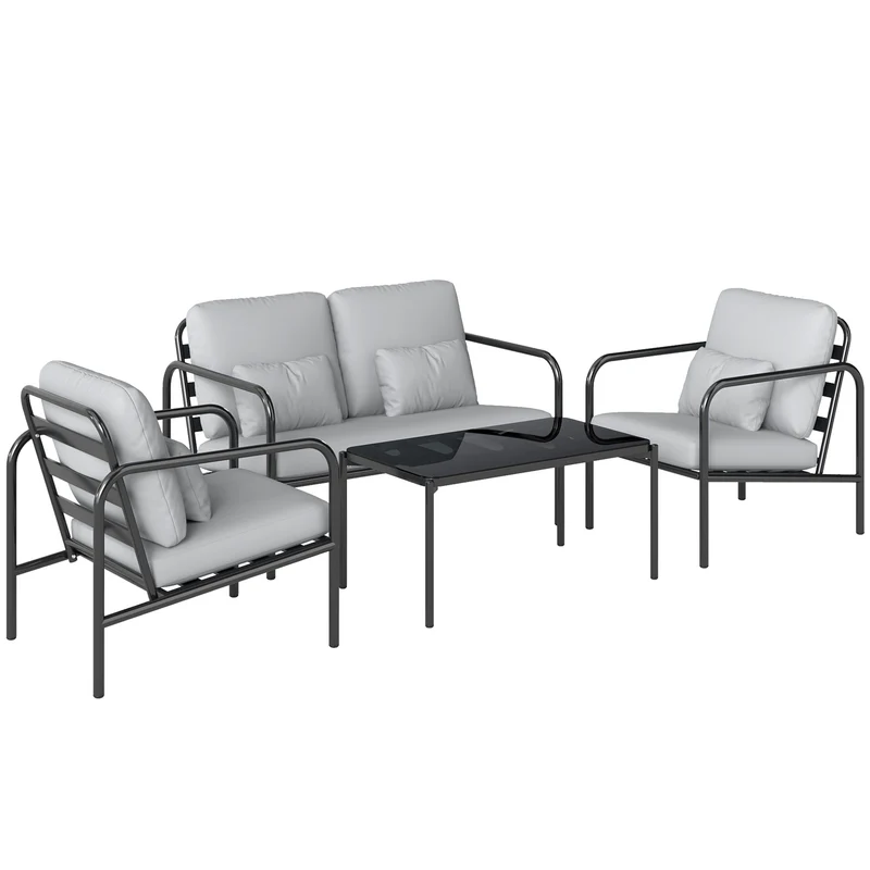 Set 4 Pezzi Salotto da Giardino con Divano 2 Posti 2 Poltrone e Tavolino in Acciaio Grigio Chiaro