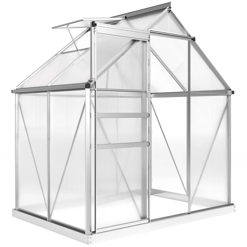 Serra da Giardino 192,5x131x200 cm con Porta a Battente e Finestra a Tetto in Policarbonato e Alluminio Argento