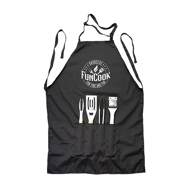 Set 5 Acessori Posate per Barbecue Forchettone Pinza Spatola e Grembiule in Acciaio Inox con Manico in Legno
