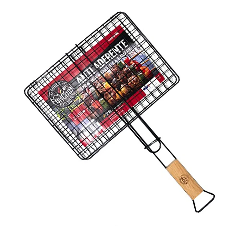 Griglia Doppia per Barbecue 27x37 cm Senza Piedini con Rivestimento Antiaderente e Manico in Legno