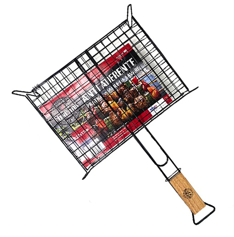 Griglia Doppia per Barbecue 40x45 cm con Piedini Rivestimento Antiaderente e Manico in Legno