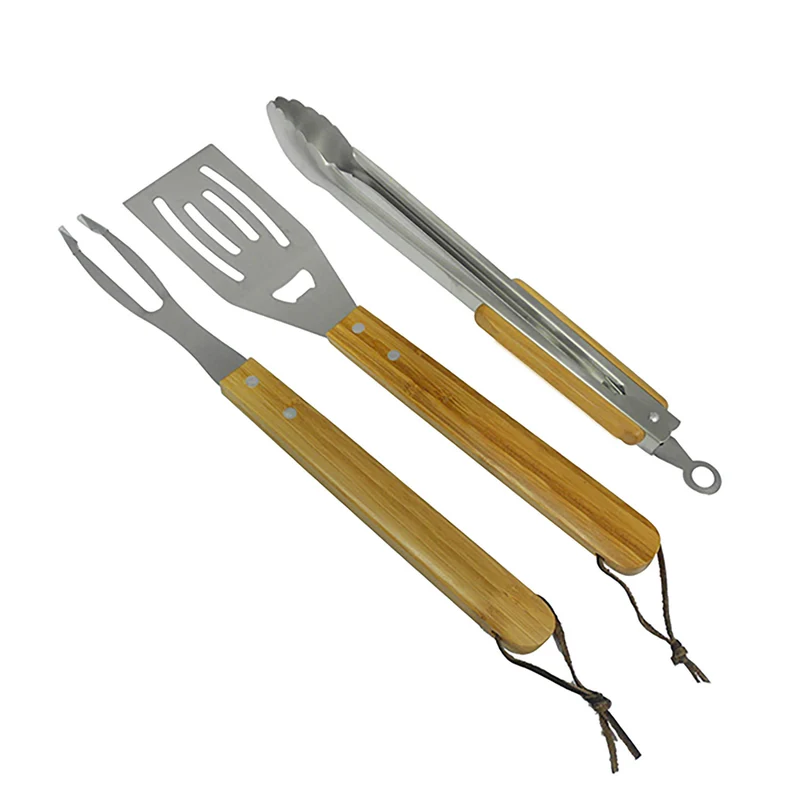 Set 3 Posate per Barbecue Forchettone Pinza Spatola in Acciaio Inox con Manico in Legno