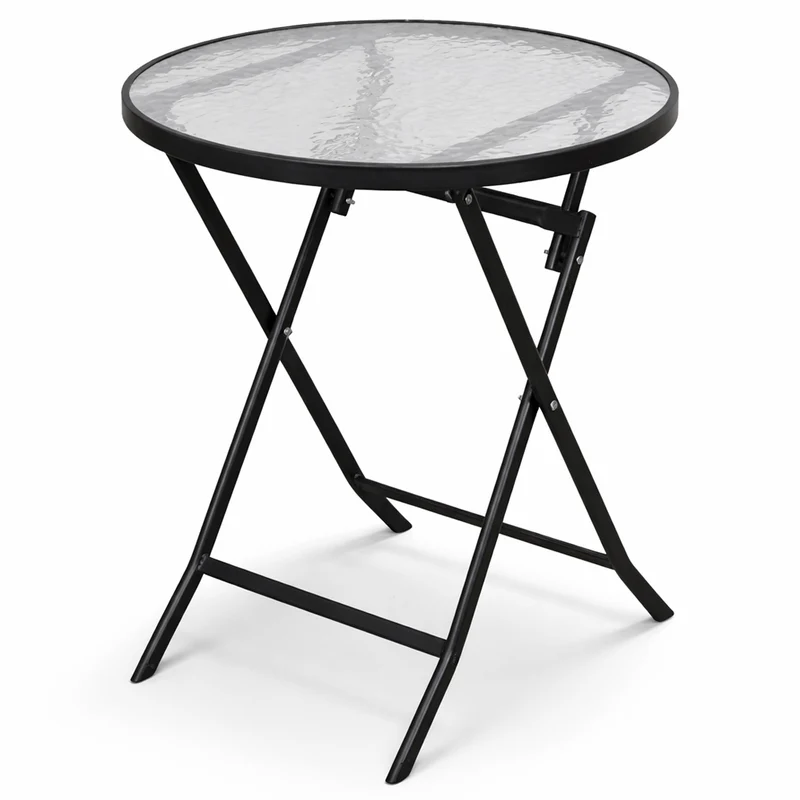 Tavolo Pieghevole Rotondo da Esterno Ø60x71cm con Struttura in Acciaio e Piano in Vetro Nero