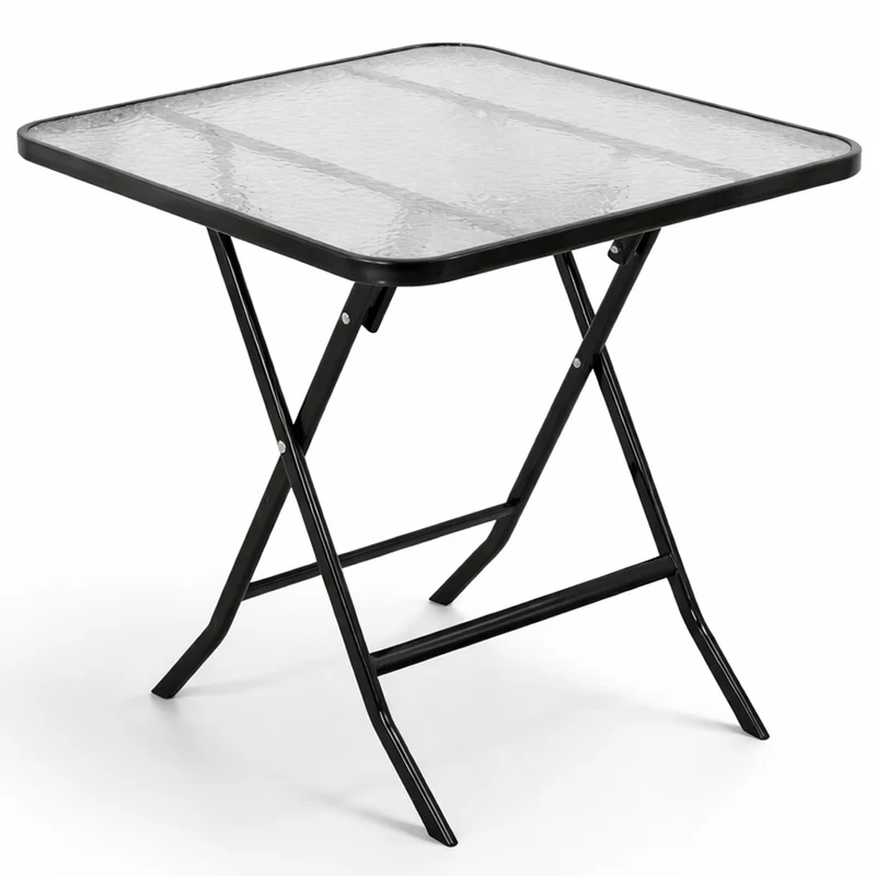 Tavolo Pieghevole Quadrato da Esterno 60x60x71cm con Struttura in Acciaio e Piano in Vetro Nero
