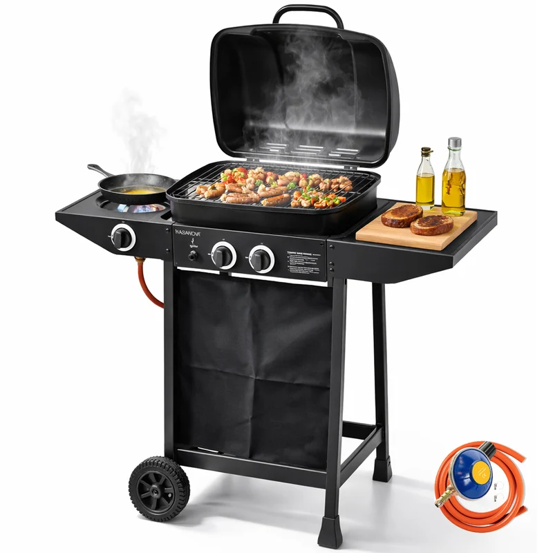 Barbecue a Gas 2+1 Fuochi 112x44x96,5 cm con Ruote e Griglia in Acciaio