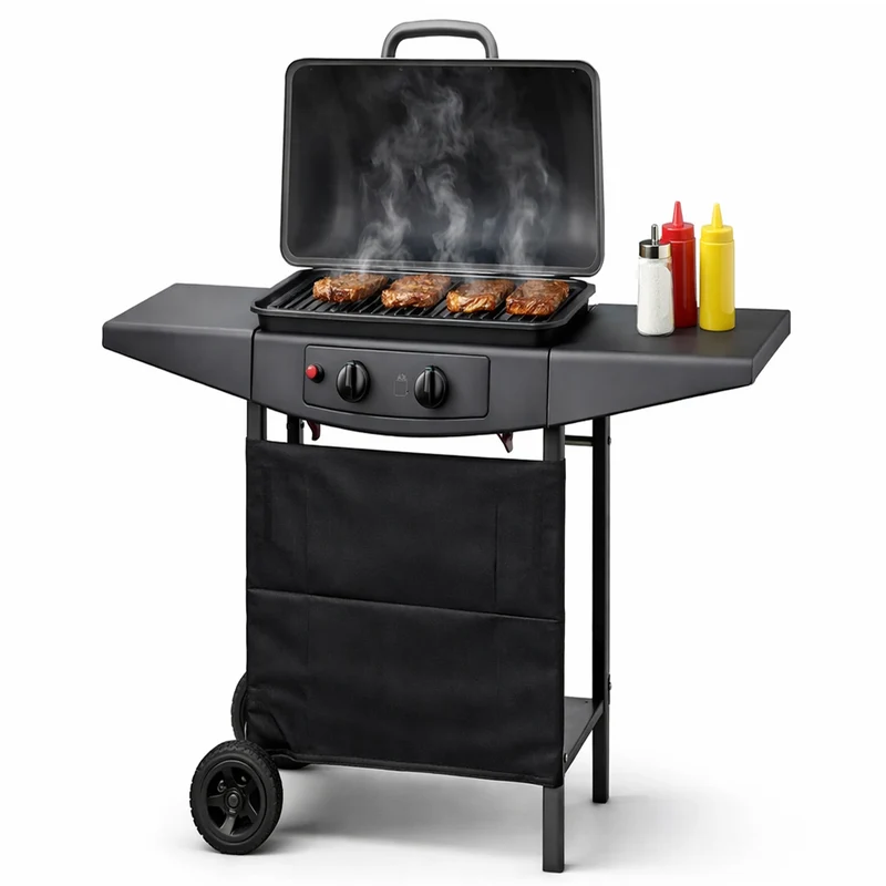Barbecue a Gas 2 Fuochi 5 kW Griglia BBQ 45x32 cm con Piani Laterali e Ruote in Acciaio Nero