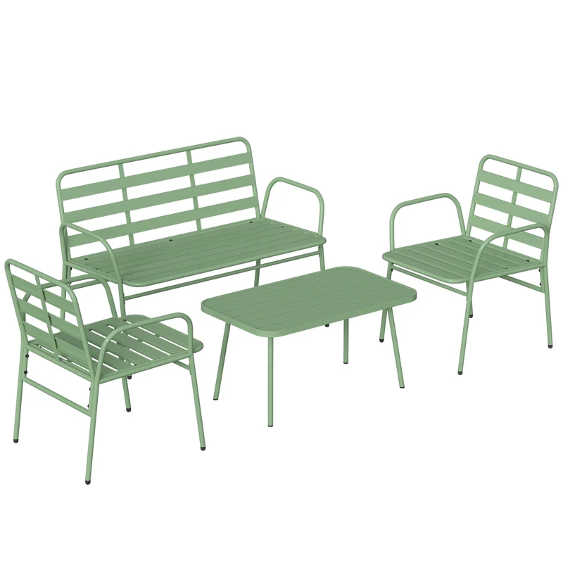 Set 4 Pezzi Salotto da Giardino con Divano 2 Sedie e Tavolino in Metallo con Doghe Verde