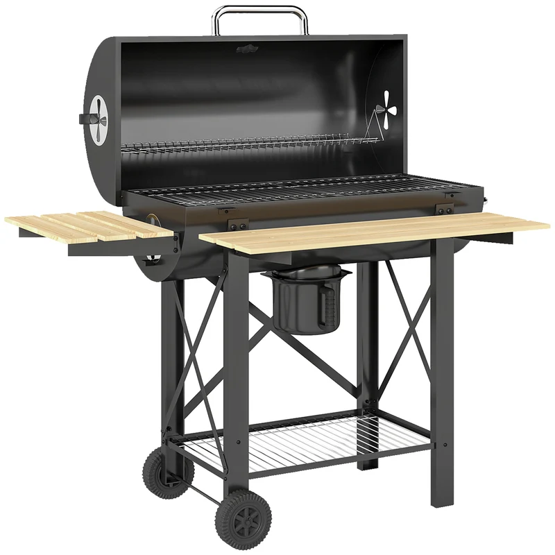 Barbecue a Carbone 109x71x98 cm con Griglia Mobile Ripiani Pieghevoli e Termometro in Acciaio e Legno Nero