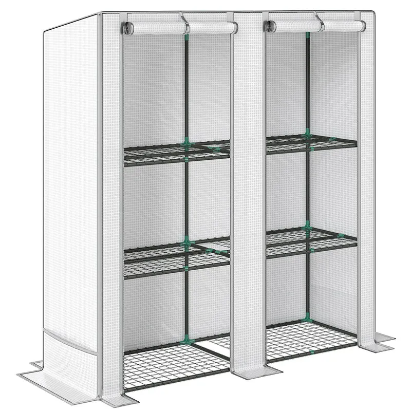 Serra da Giardino 144x48x142-152 cm con 2 Porte Avvolgibili 3 Ripiani e Tasche Laterali in PE Bianco e Grigio